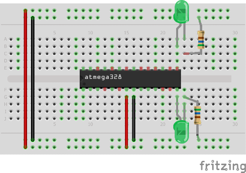 Breadboard layout of ATmega328P with LEDs and resistors