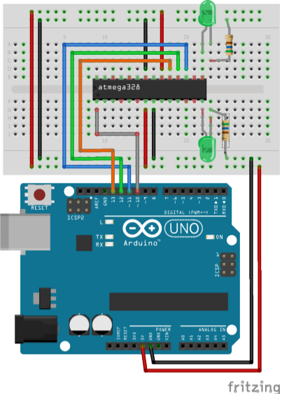 Breadboard layout of ATmega328P with Arduino connected